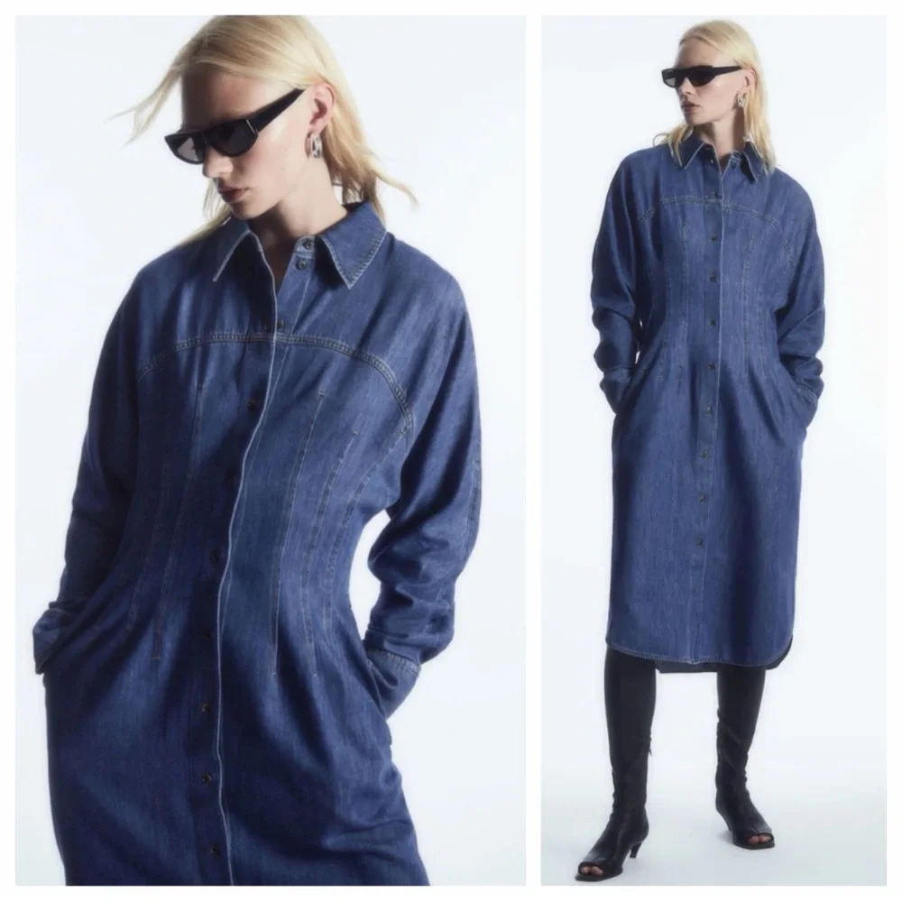 NWT COS Oversized Waisted Denim Shirt Dress Midi Length Size 8 - Picture 2 of 15